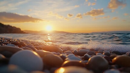 Wall Mural - Breathtaking sunset over pebble beach  a vibrant display of colors and gentle waves