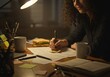 © IbragimovN - Woman working late night at desk with papers, coffee, and sandwich under lamp light