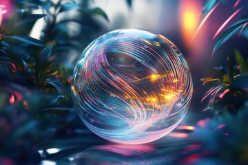 Aufkleber - Glowing globe spins amidst vibrant foliage reflecting a blend of colors in a tranquil setting. Generative AI