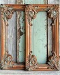© Charoen - Six antique copper picture frames with renaissance scroll designs on rustic barn wood, detailed corner embellishments