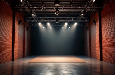 Aufkleber - Empty concert stage with brick walls metal trusses, soffit lights. Industrial design. Stage lighting, empty wooden floor. Suitable for music events nightclubs. Industrial urban vibe for concerts,