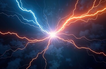 Poster - Powerful electrical discharge. Energy lines of vibrant lightning. Abstract image shows strong energy source. Stormy night sky. High voltage. Dramatic display. Electric power phenomena.