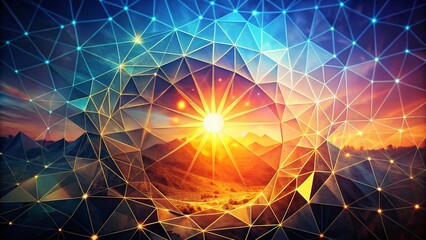 Poster - Radiant Geometric Sun Infographic: Interlocking Polygons in Warm & Cool Tones