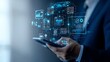 © Tondone - A businessman interacts with a smartphone displaying futuristic digital interfaces and graphs, symbolizing the integration of technology in modern business practices and analytics.