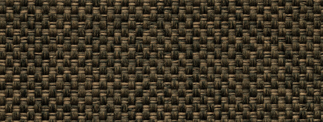 Wall Mural - Texture dark brown background from woven textile material with wicker pattern, macro. Structure vintage umber fabric