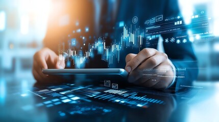 Poster - A businessman analyzing data on a digital tablet with futuristic graphics and statistics. The scene captures the essence of modern technology in corporate decision-making.
