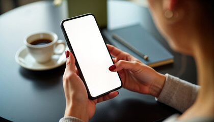 Poster - Woman uses smartphone at cafe. Casual attire, indoor setting. Modern connectivity, tech usage. Coffee nearby. Image shows device in hands. Contemporary lifestyle, urban environment. Connection,