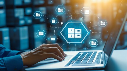 Aufkleber - A close-up of a hand using a laptop, surrounded by digital icons representing data management and cloud technology, illustrating modern business and technology integration.
