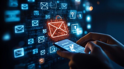 Aufkleber - A close-up of a hand using a smartphone with email symbols and security icons displayed digitally, showcasing modern communication and cybersecurity in the digital age.