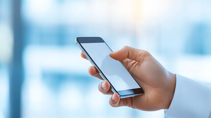 Poster - A close-up view of a hand holding a smartphone in a modern office setting, showcasing the device's touch screen and sleek design, perfect for illustrating communication concepts.