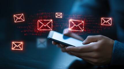 Poster - A close-up view of a person's hands holding a smartphone with illuminated email icons hovering above