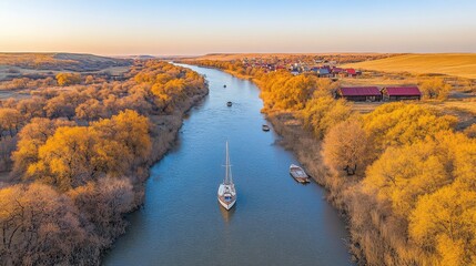 Wall Mural - Aerial View of Serene Autumn River Landscape with Boats on Water Surrounded by Golden Foliage Fields Rural Scenery Under Clear Sky at Sunset Ideal for Nature Enthusiasts