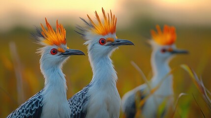 Wall Mural - three elegant birds with vibrant orange crests stand gracefully in a golden field at dusk