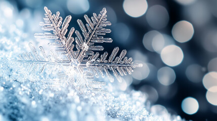 Poster - Close-up of a snowflake on a snowy surface. The snowflake is detailed and clear against a blurred background with bokeh