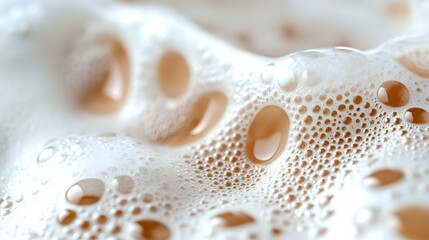 Poster - Creamy white foam bubbles in macro photography showing delicate texture and patterns of soap or beer froth with soft beige tones and circular shapes.