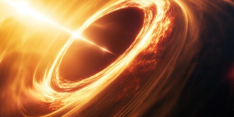 Wall Mural - swirling orange and yellow light surrounds a supermassive black hole, bending spacetime and creating