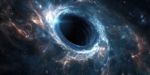 Wall Mural - supermassive black hole warping spacetime and sucking matter and energy, surrounded by a bright accr