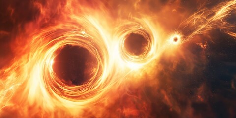 Wall Mural - powerful gravitational forces warp spacetime as two black holes spiral towards each other, releasing