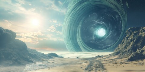 Wall Mural - futuristic black hole with swirling clouds and bright center emerging over a rocky coastline and san