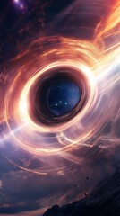 Wall Mural - glowing rings of energy encircling a black hole warp spacetime, creating a captivating spectacle wit