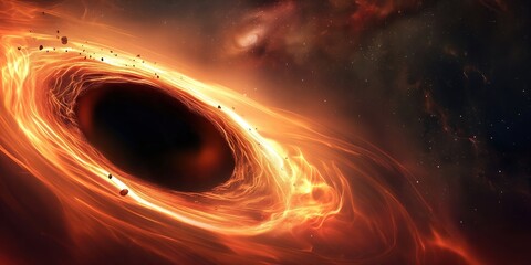 Wall Mural - swirling orange and red hot gases and asteroids orbit a black hole in the center of the image, again