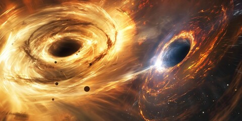 Wall Mural - powerful gravitational forces are warping spacetime as two supermassive black holes collide, releasi