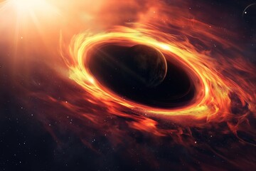 Wall Mural - scientific illustration of a black hole engulfing a nearby planet, featuring an accretion disk glowi