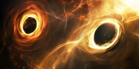 Wall Mural - scientific visualization depicting two supermassive black holes merging, generating gravitational wa