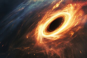 Wall Mural - supermassive black hole distorts spacetime, creating a mesmerizing swirl of orange and yellow light 