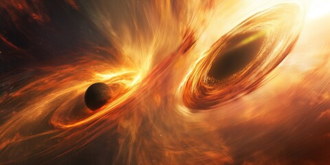 Wall Mural - depicting two supermassive black holes merging, creating intense gravitational forces and swirling s