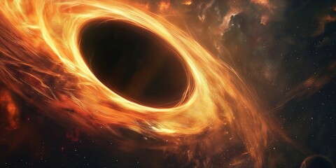 Wall Mural - glowing accretion disk swirling around a supermassive black hole, bending spacetime and creating a s