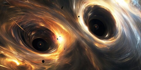 Wall Mural - swirling clouds of interstellar dust and gas surround two black holes as they spiral closer together