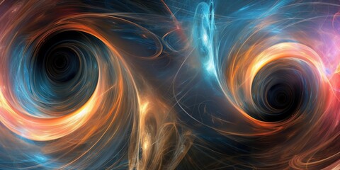 Wall Mural - swirling vortexes of vibrant orange and blue energy enveloping black holes, bending space time and c