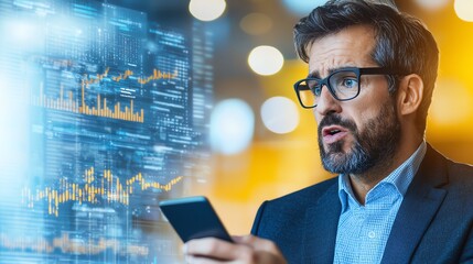 Poster - A focused businessman analyzes financial data on his smartphone while observing digital graphs in the background. The scene portrays modern technology in professional settings.