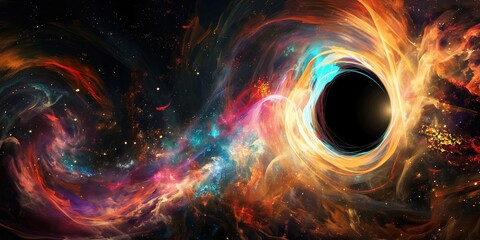 Wall Mural - colorful nebulae and swirling stardust surround a black hole, forming a mesmerizing cosmic vortex in