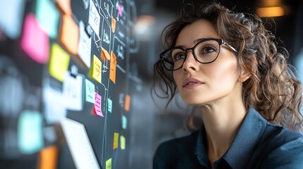 Aufkleber - A focused business professional analyzes innovative ideas on a visual board, showcasing creativity and strategic thinking in a modern workspace environment.