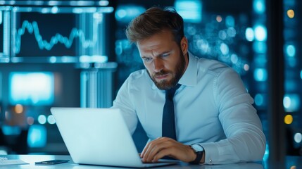 Poster - A focused businessman working late at his laptop in a modern office, analyzing data and financial graphs, illuminated by blue light, showcasing dedication and professionalism.