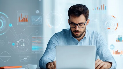 Aufkleber - A focused professional analyzing data on a laptop. He is surrounded by digital graphs and metrics indicating performance and trends, symbolizing modern business strategy.