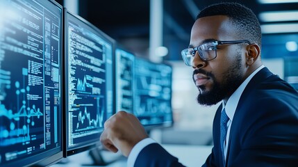 Aufkleber - A focused professional analyzes data on multiple monitors in a modern office