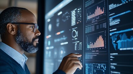 Aufkleber - A focused professional analyzing data on an interactive digital screen in a modern office environment