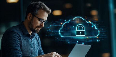 Poster - a focused professional working on a laptop with a cloud security icon overlay, representing data pro