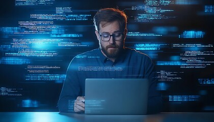 Aufkleber - A focused programmer works intently on a laptop, surrounded by streams of code. The blue glow of digital data highlights a modern workspace, symbolizing innovation and creativity.