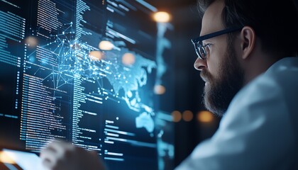Aufkleber - a focused researcher analyzes complex data on a digital interface, showcasing innovations in technol