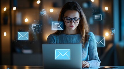 Poster - A focused woman works on her laptop in a modern office
