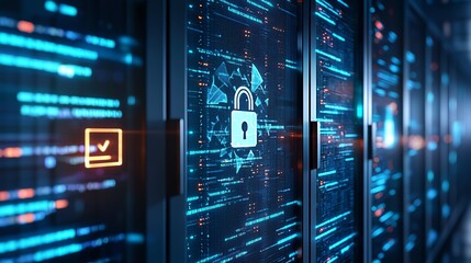 Aufkleber - A futuristic digital environment showcasing secure data storage with glowing servers and padlock symbols, emphasizing cybersecurity and advanced technology in data management.