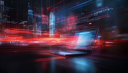 Aufkleber - A futuristic laptop with dynamic light trails, symbolizing speed and innovation in technology