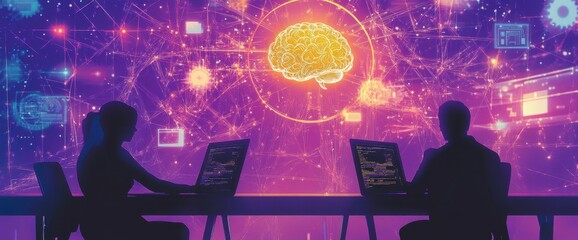 Fototapete - A banner for an online course on AI and web development, featuring two figures sitting at desks in front of laptops with the icons representing neural networks above them Generative AI
