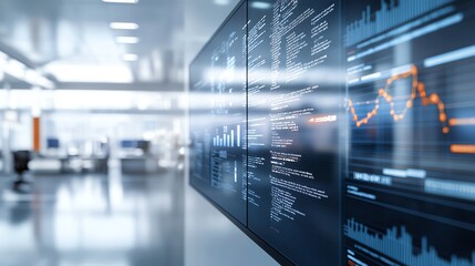 Aufkleber - A high-tech digital display shows complex data analytics in a modern office space. The sleek design reflects efficiency and innovation in a corporate environment.