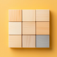 Poster - A minimalist arrangement of wooden blocks in various shades on a bright yellow background, creating a visually appealing design for modern graphics or artistic compositions.