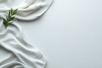 Poster - Elegant white silk fabric with gentle folds and green leaf creates minimalist composition on light background, offering space for text or design elements.